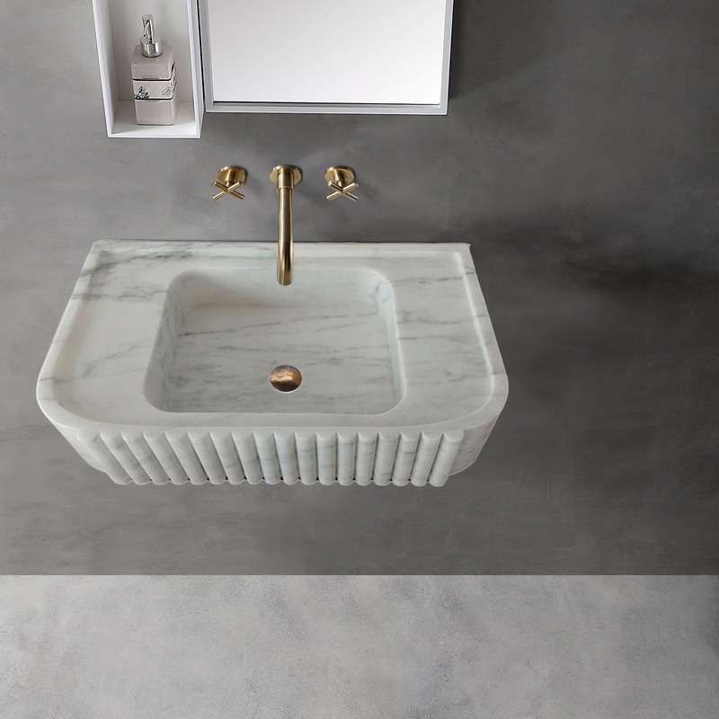 Carrara White Marble Wall-mount Bathroom Vanity Sink Fluted (W)16 (L)28 (H)6