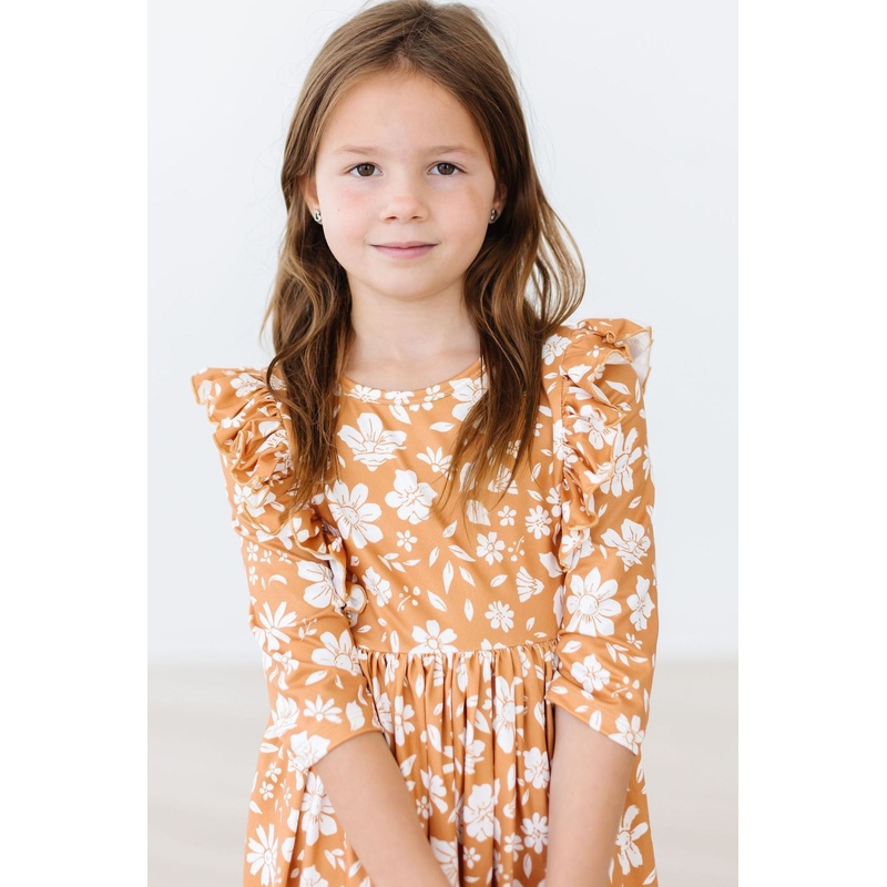 Golden Blooms 3/4 Sleeve Ruffle Twirl Dress