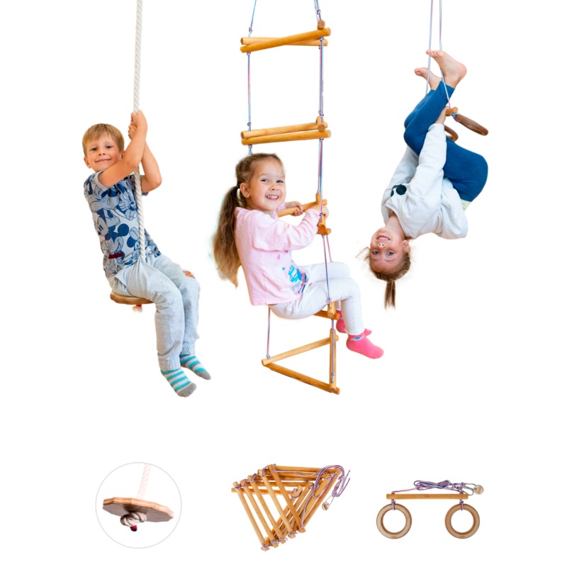 3in1 Swings Set: Rope swing + Trapeze bar with rings + Triangle rope ladder