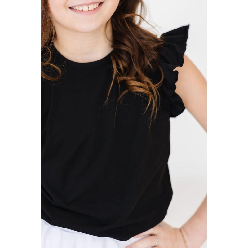 Black S/S Ruffle Tee|6-12M|12-24M|2T|3T|4T|5/6|7/8|9/10