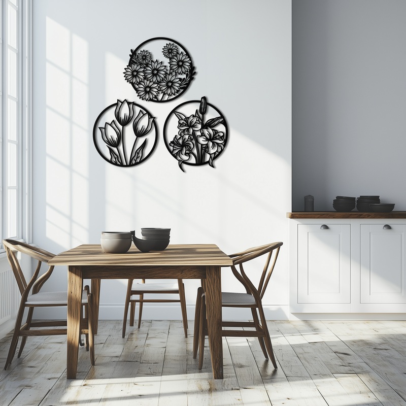 Floral Harmony Metal Wall Art – Set of Three Elegant Botanical Designs – KAF223