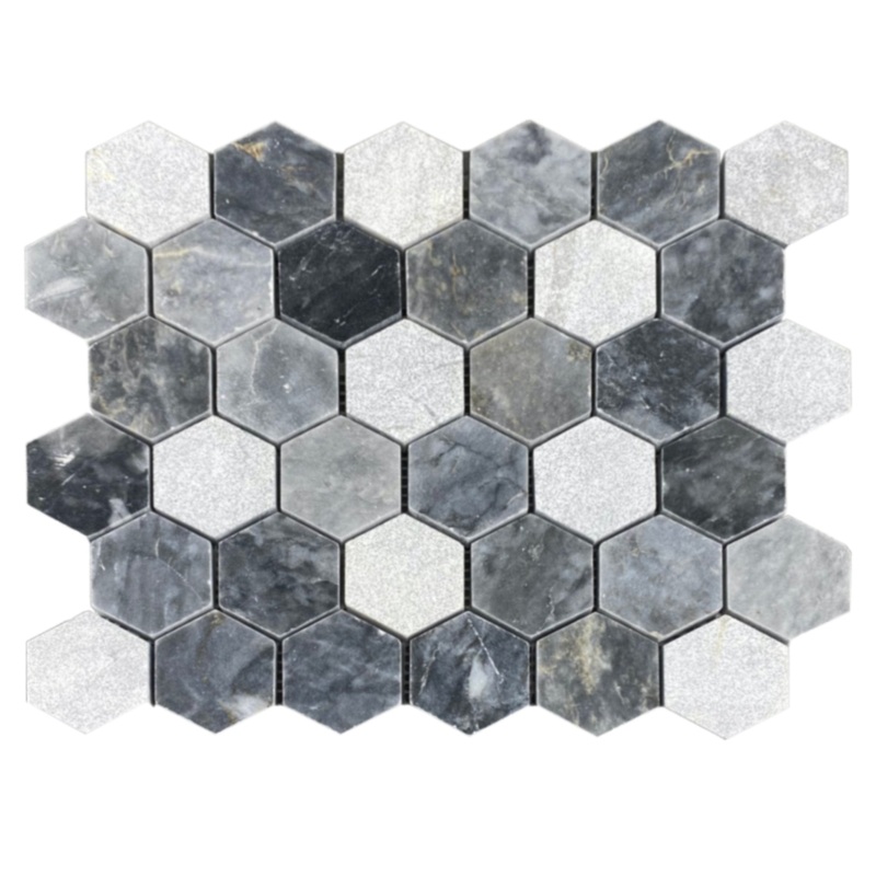 Luna Sky Marble 2 Hexagon Mixed Finish on 12 x 12 Mesh Mosaic Tile – Belair Collection