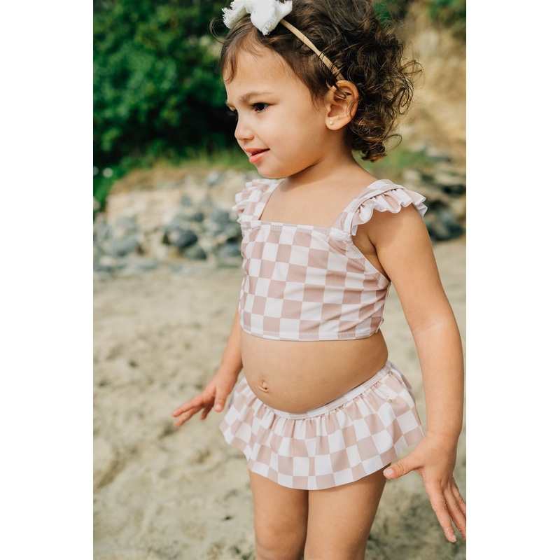 Taupe Checkered Ruffle Bikini Set