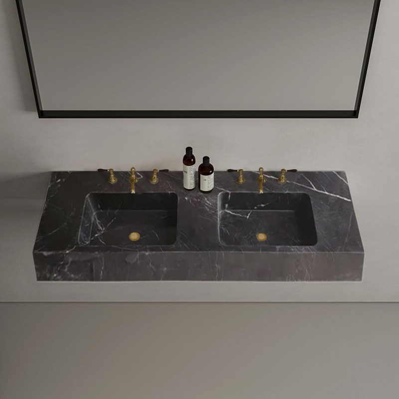 Toros Black Marble Double Sink Wall-mount Bathroom Sink Polished (W)18 (L)60 (H)6