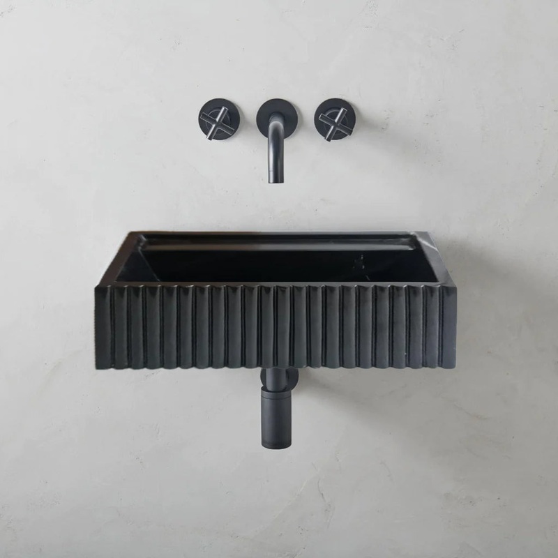 Toros Black Marble Rectangular Wall-mount Bathroom Sink Fluted (W)16 (L)24 (H)7