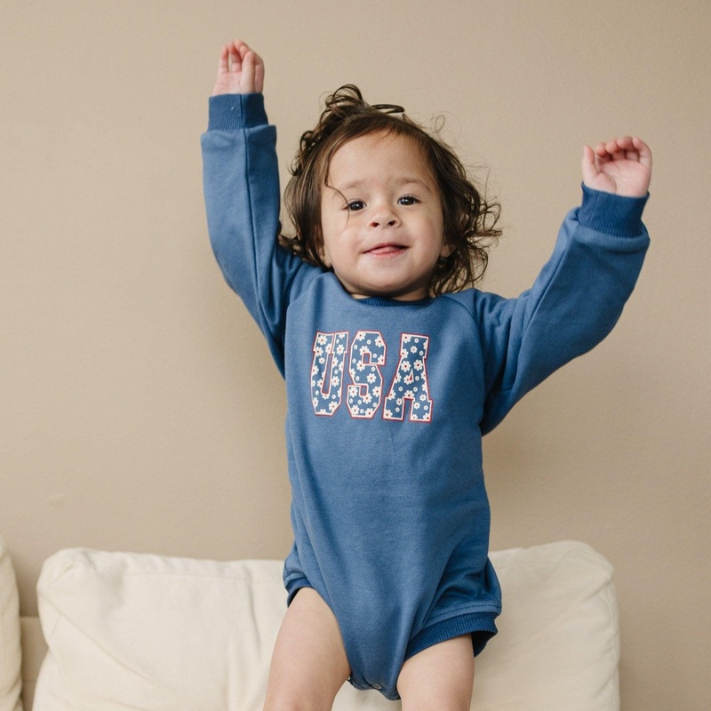 USA Daisy Sweatshirt Romper|0-3 months|3-6 months|6-9 months|9-12 months|12-18 months|18-24 months|2T