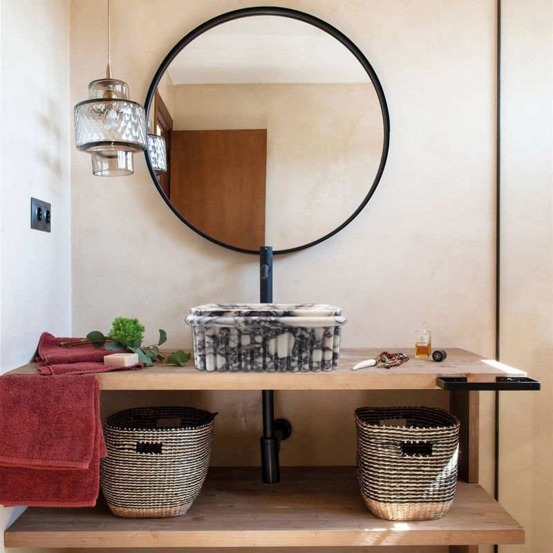 Calacatta Viola Marble Wall-Mount Square Fluted Bathroom Sink (W)16 (L)16 (H)6