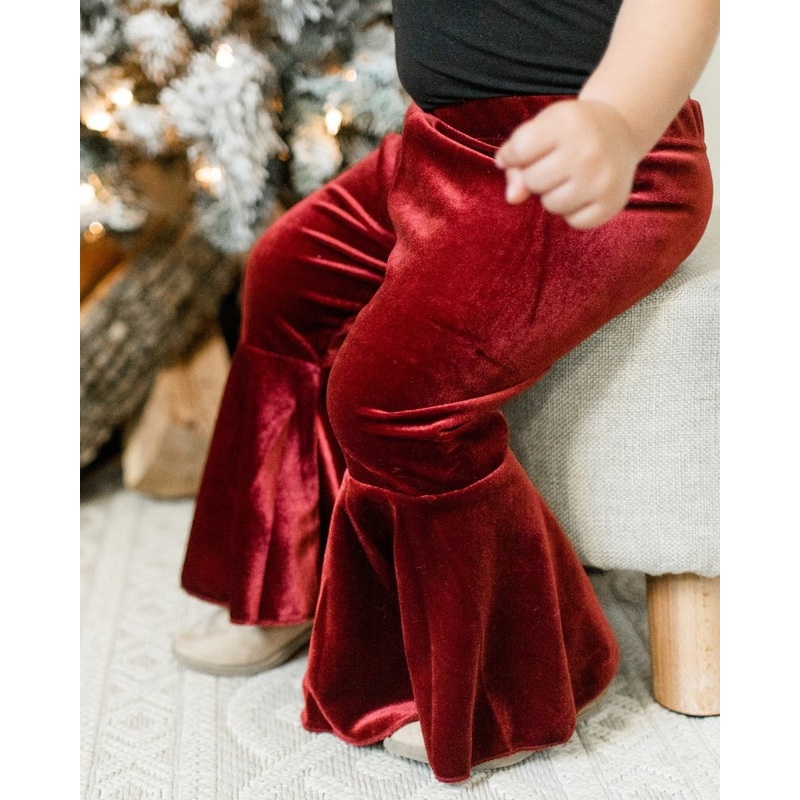 Lina Pleated Velour Bell Bottoms – Wine
