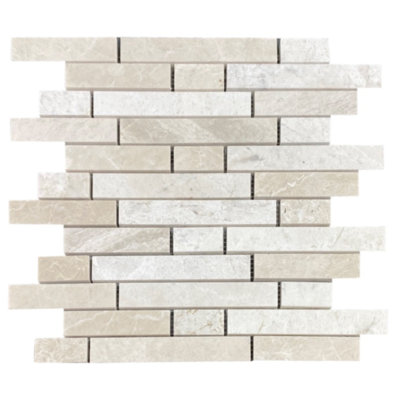 Vanilla Beige Marble Strip Liner on 12 x 12 Mesh Mosaic Tile – Belair Collection