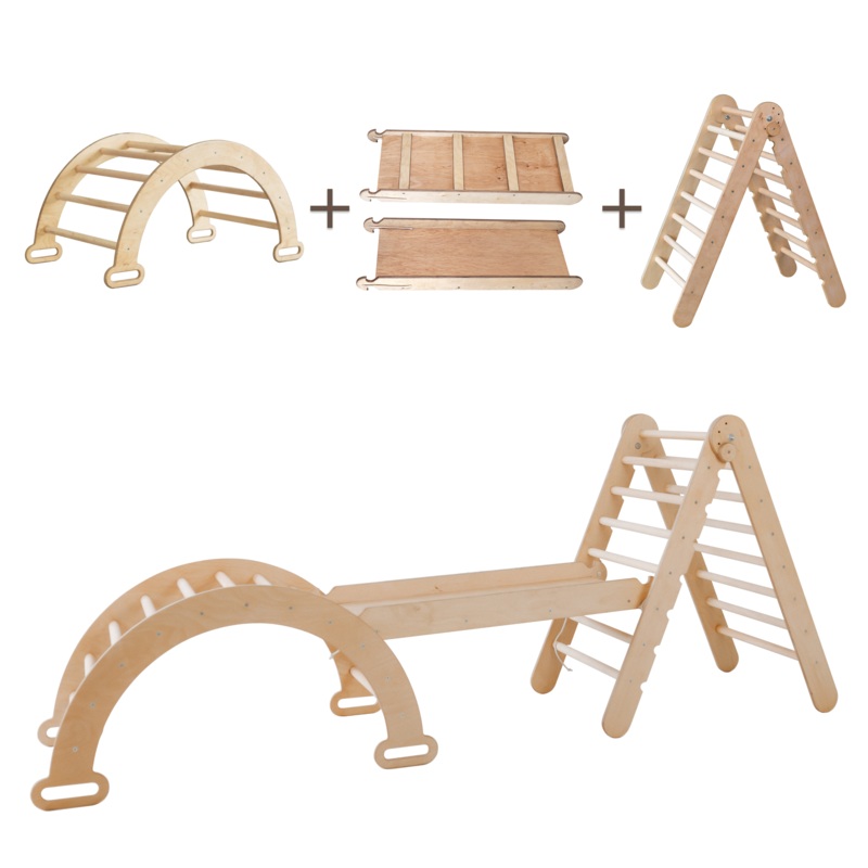 3in1 Montessori Climbing Set: Triangle Ladder + Wooden Arch + Slide Board  Beige