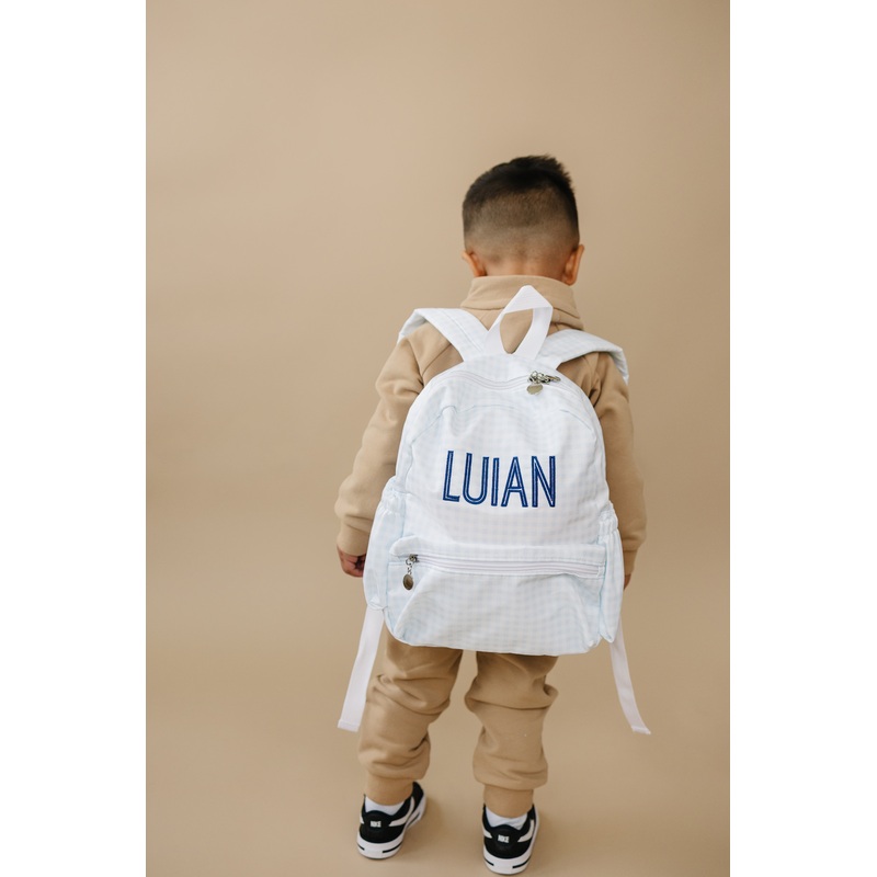 Custom Embroidered Gingham Toddler Backpack – Blue