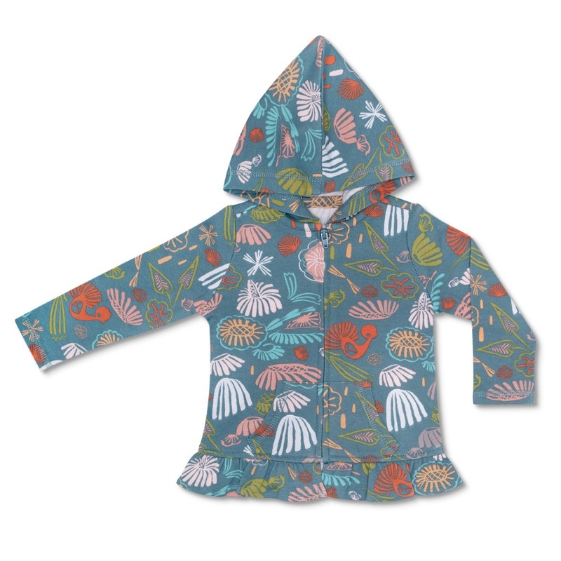 KEFE Ruffle Hoodie – Teal Flower Garden