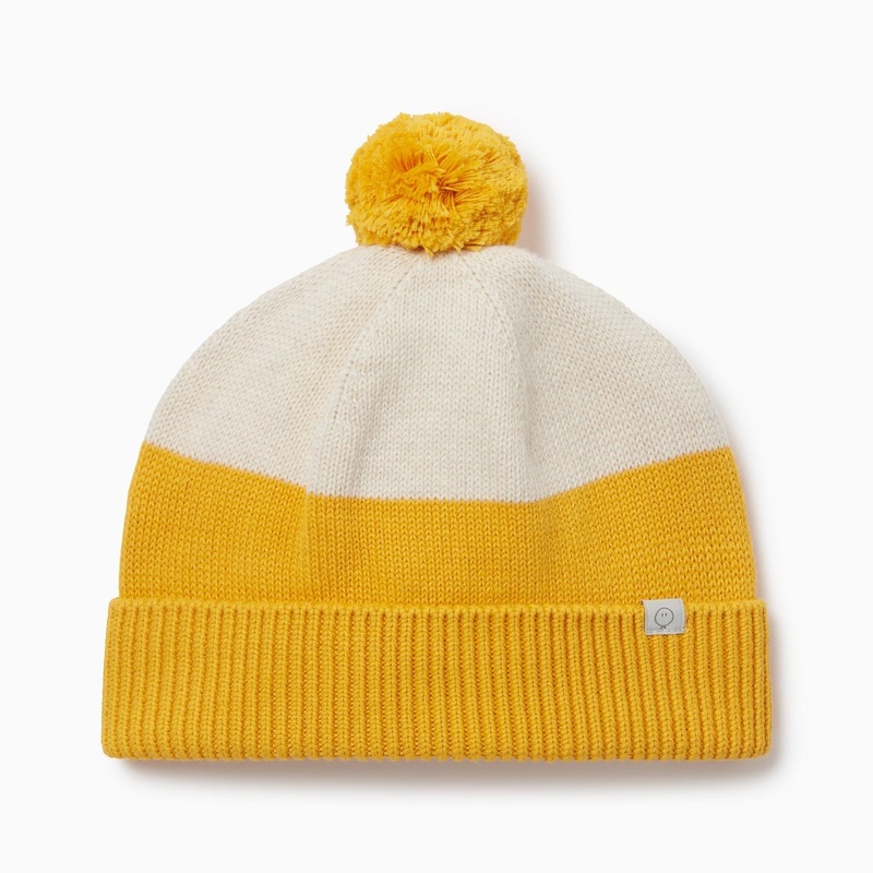 Knitted Colourblock Beanie Hat – Oat & Mustard