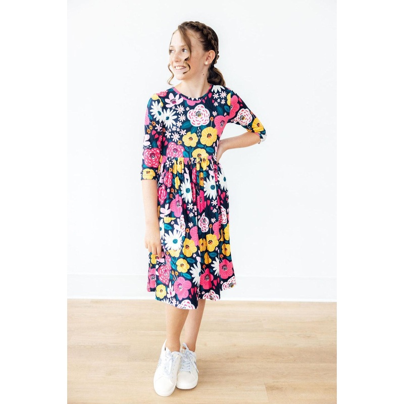 Midnight Floral 3/4 Sleeve Pocket Twirl Dress