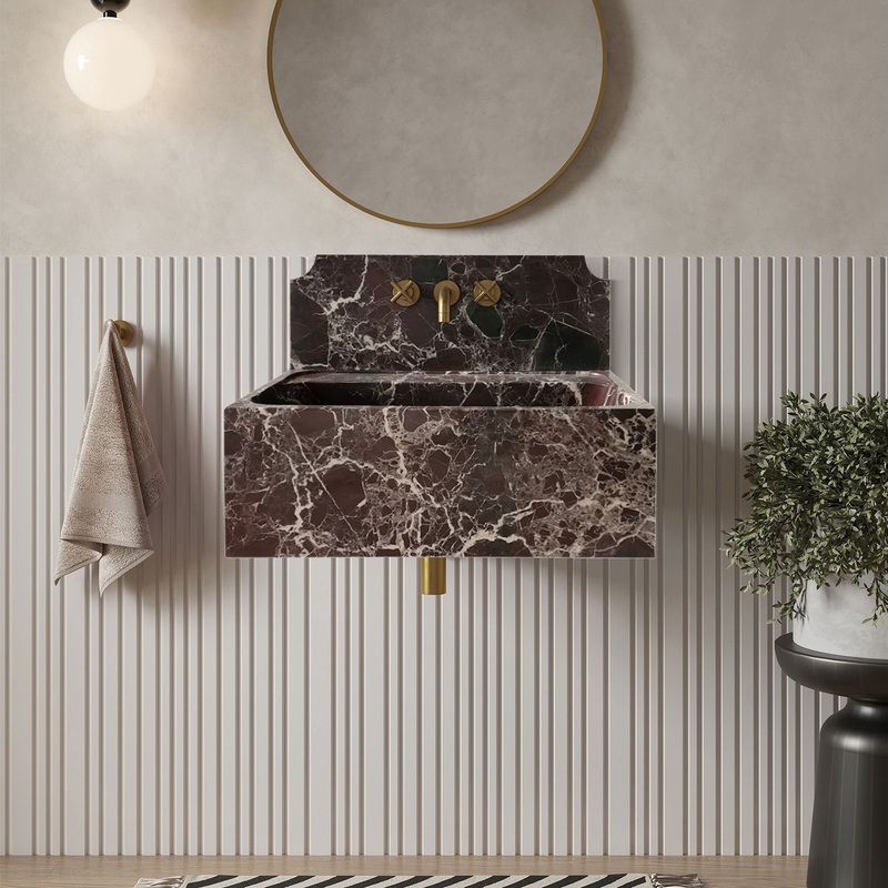 Rosso Levanto Marble Wall-mount Bathroom Sink with 11 Backsplash (W)16 (L)30 (H)12