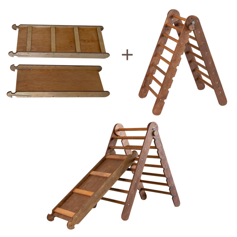 2in1 Montessori Climbing Frame Set: Triangle Ladder + Slide Board/Ramp  Chocolate