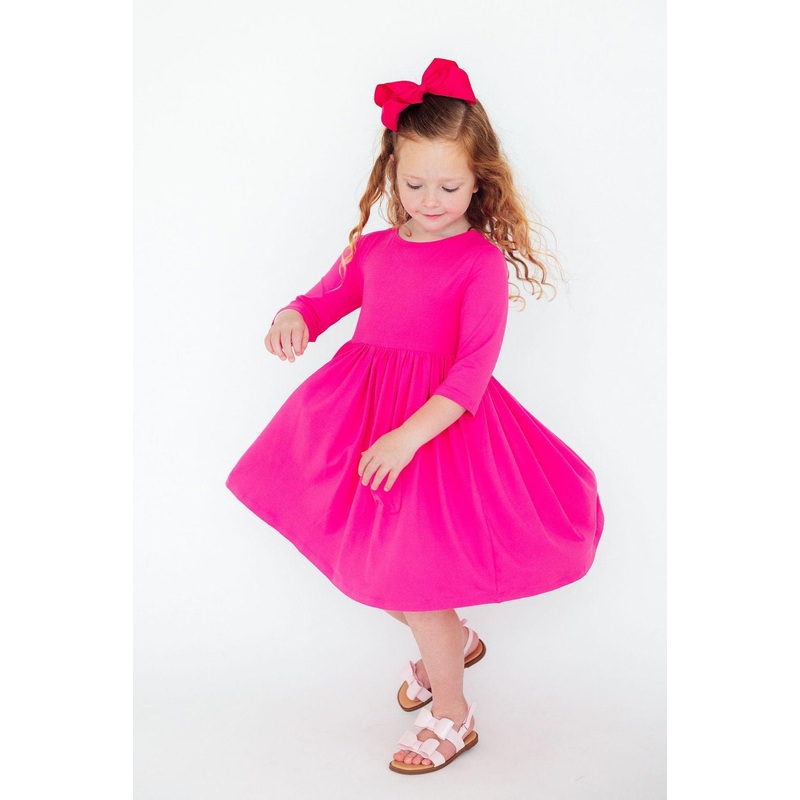 Hot Pink 3/4 Sleeve Pocket Twirl Dress