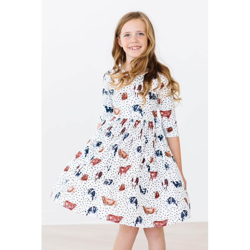 Moo Meadows 3/4 Sleeve Pocket Twirl Dress