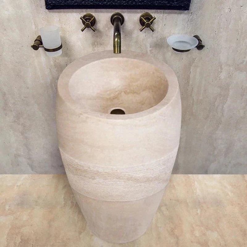 Troia Light 3 piece Travertine Pedestal Stand-alone Sink Curved Honed (D)16 (H)33.5