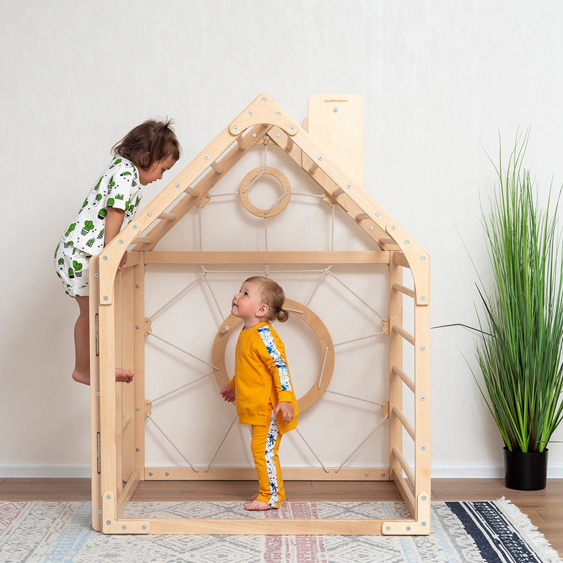 Wooden Climbing Playhouse|Natural wood|Natural wood + Gray|No accessories|Ramp|3 Ropes|Ramp + Mat|Ramp + 3 Ropes|Ramp + Two-sided mat + 3 Ropes