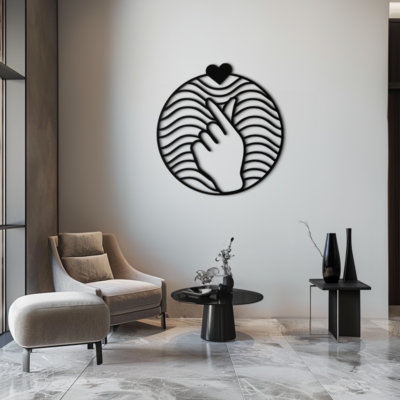 Heart Finger Love Sign Metal Wall Art – Round Minimalist Steel Decor – KAF056