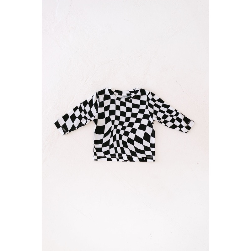 Long Sleeve Bamboo T-Shirt | Black & White Wavy Checkerboard