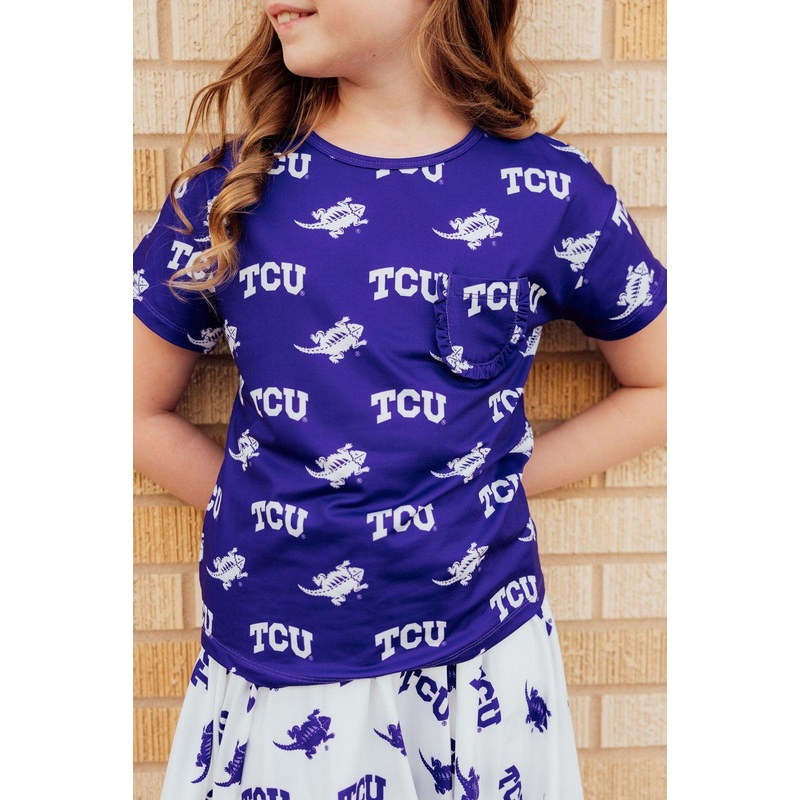 TCU Purple Frog Ruffle Pocket Tee