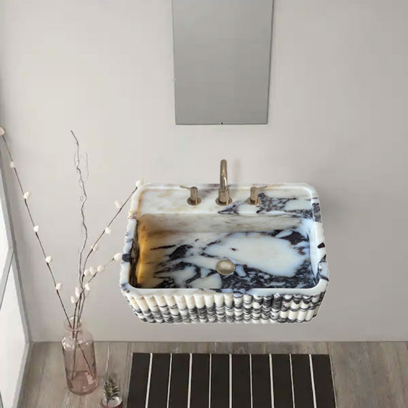 Calacatta Viola Marble Wall-Mount Rectangular Fluted Bathroom Sink (W)16 (L)24 (H)8
