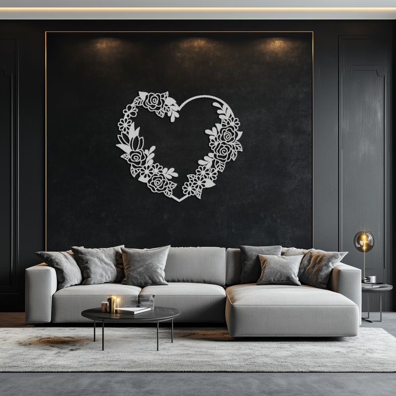 Floral Heart Metal Wall Art – Elegant Steel Rose Wreath – KAF107