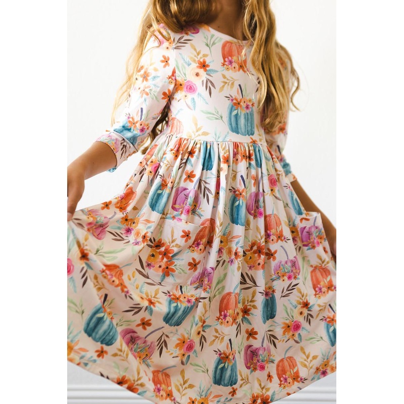 Harvest Blooms 3/4 Sleeve Pocket Twirl Dress