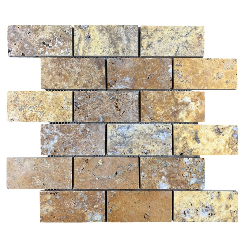 Scabos Travertine 2×4 Brick Honed on 12 x 12 Mesh Mosaic Tile – Belair Collection