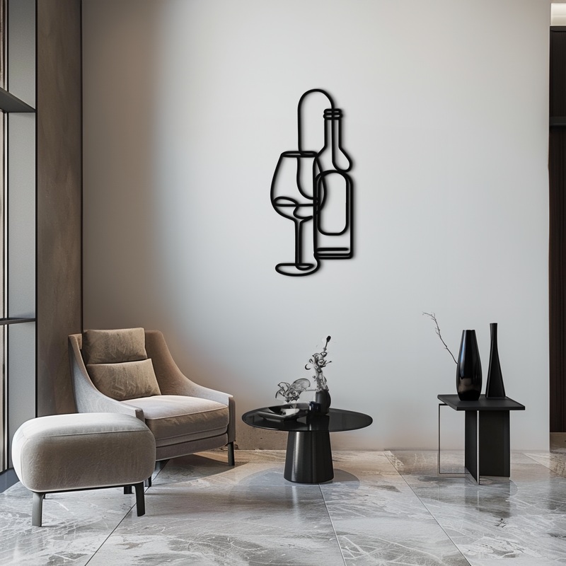 Wine Bottle & Glass Metal Wall Art – Modern Minimalist Bar Decor – KAF081