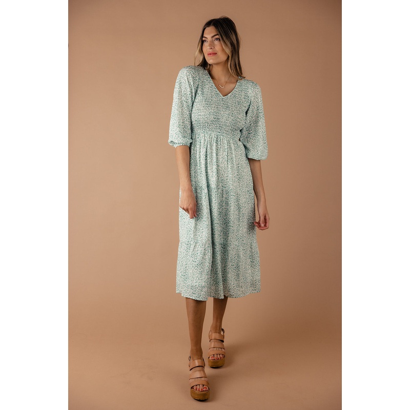 Avie Floral Smocked Midi|DarkSeaGreen|S|M|L