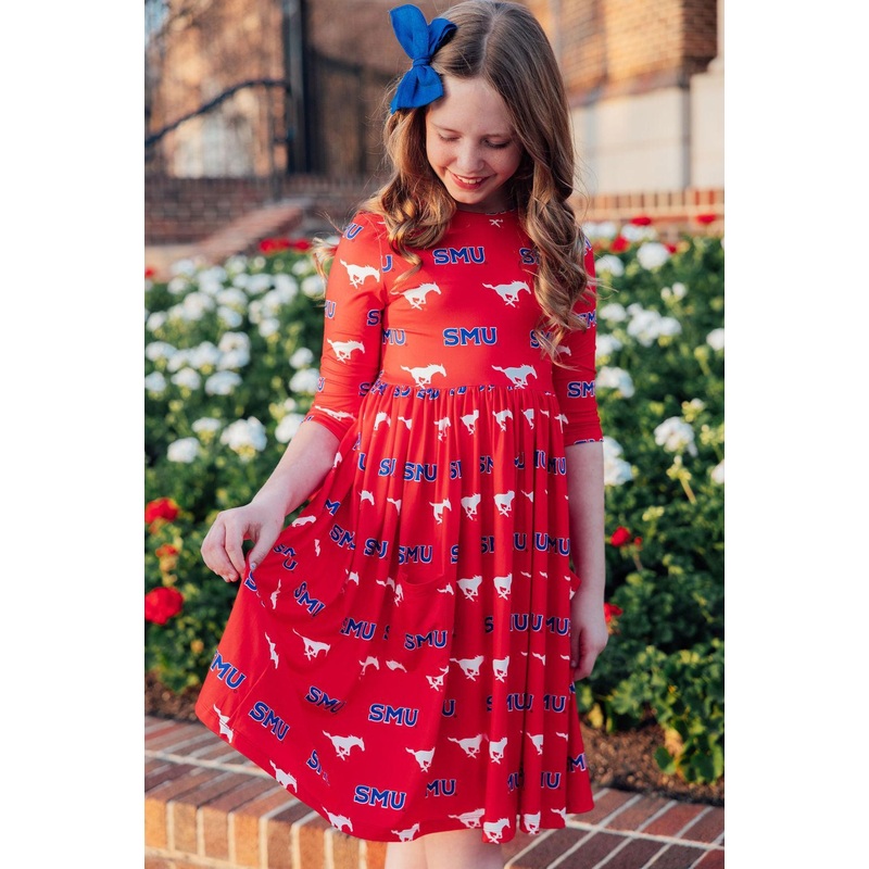 SMU Red Mustang 3/4 Sleeve Pocket Twirl Dress