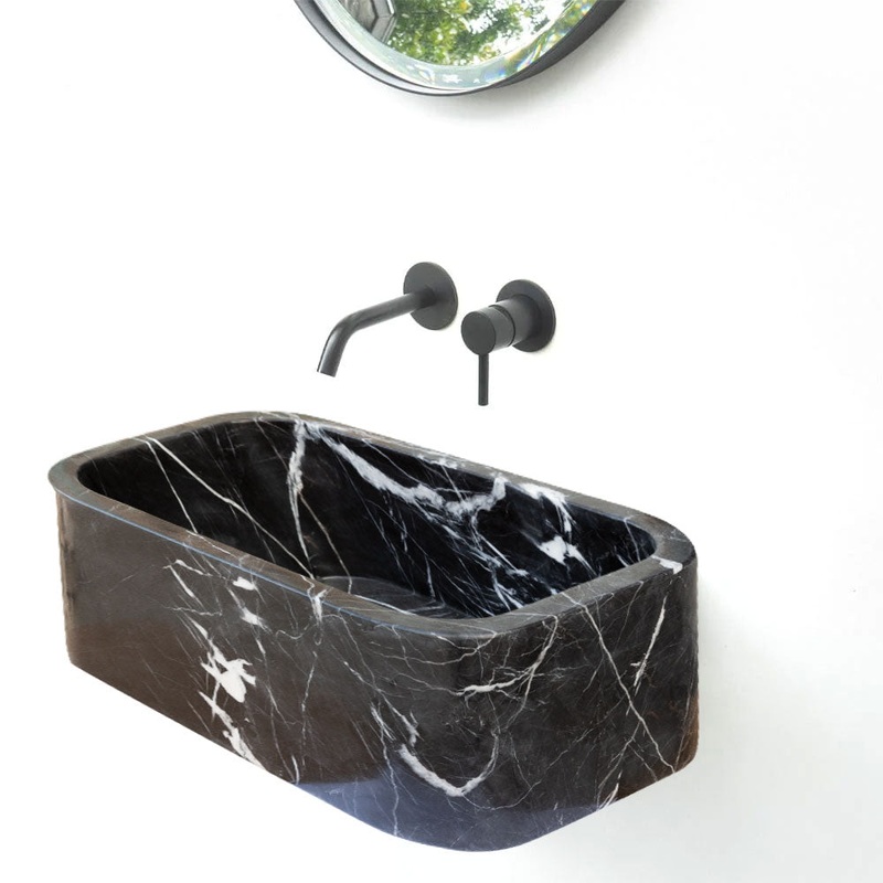 Toros Black Marble Rectangular Wall-mount Bathroom Sink (W)12 (W)18 (H)7