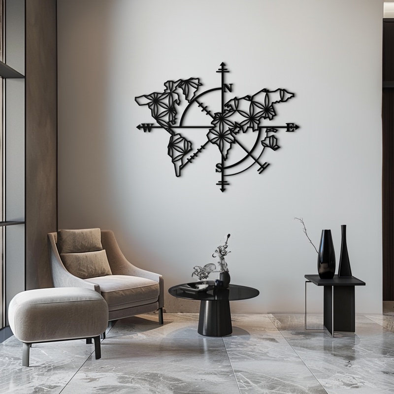 Geometric World Map Metal Wall Art – Modern Compass-Inspired Steel Decor – KAF131