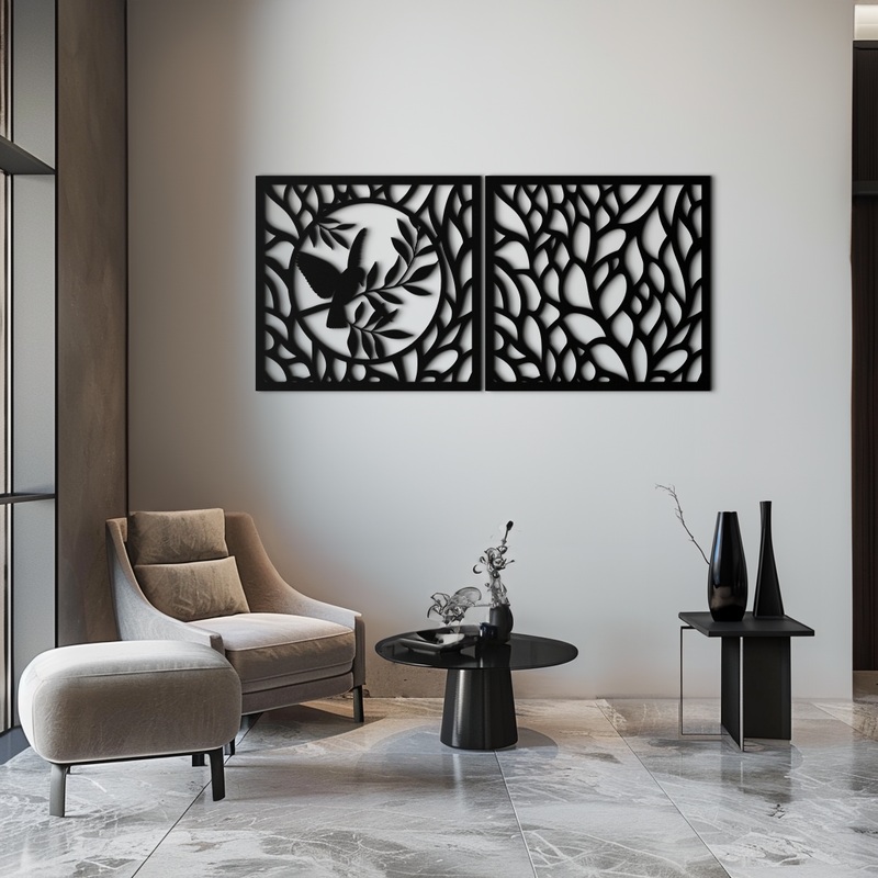 Hummingbird & Leaves Metal Wall Art – Elegant Dual Panel Steel Decor – KAF054