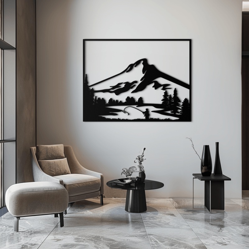 Mountain Fishing Metal Wall Art – Steel Wall Decor for Home and Cabin – KAF017
