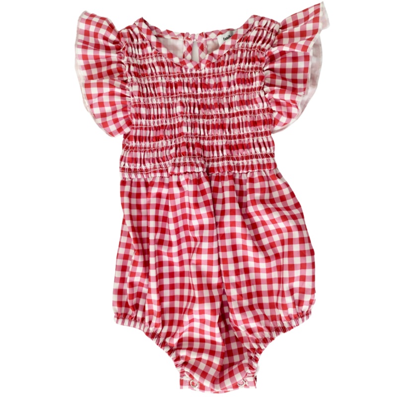 PREORDER! Astrid Flutter Sleeve Bubble Romper – Red & White Gingham Cherry