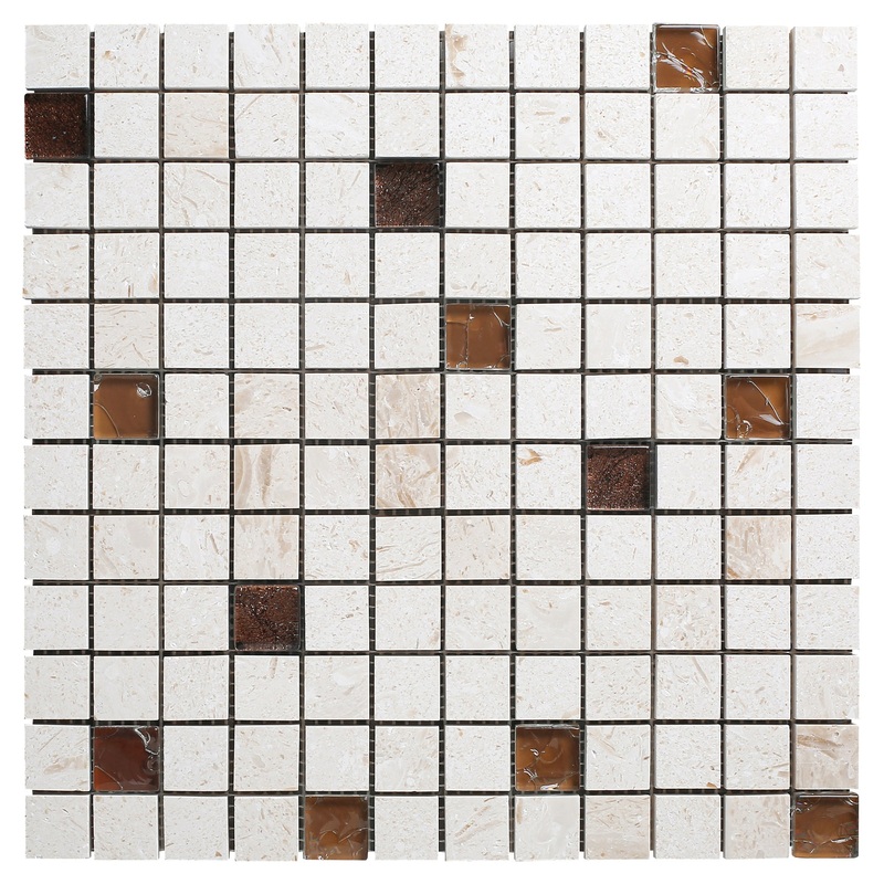 Shell Stone Limestone and Brown Glass Mix 1×1 on 12 x 12 Mesh Mosaic Tile – Belair Collection