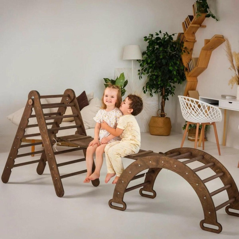 3in1 Montessori Climbing Set: Triangle Ladder + Wooden Arch + Slide Board  Chocolate NEW