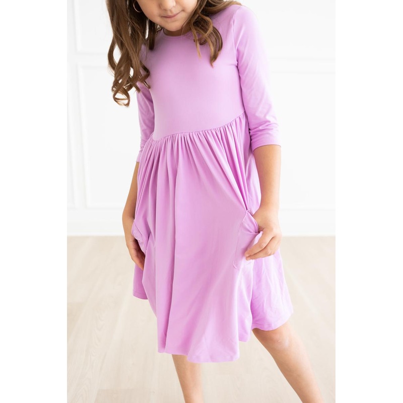 Bright Lilac 3/4 Sleeve Pocket Twirl Dress
