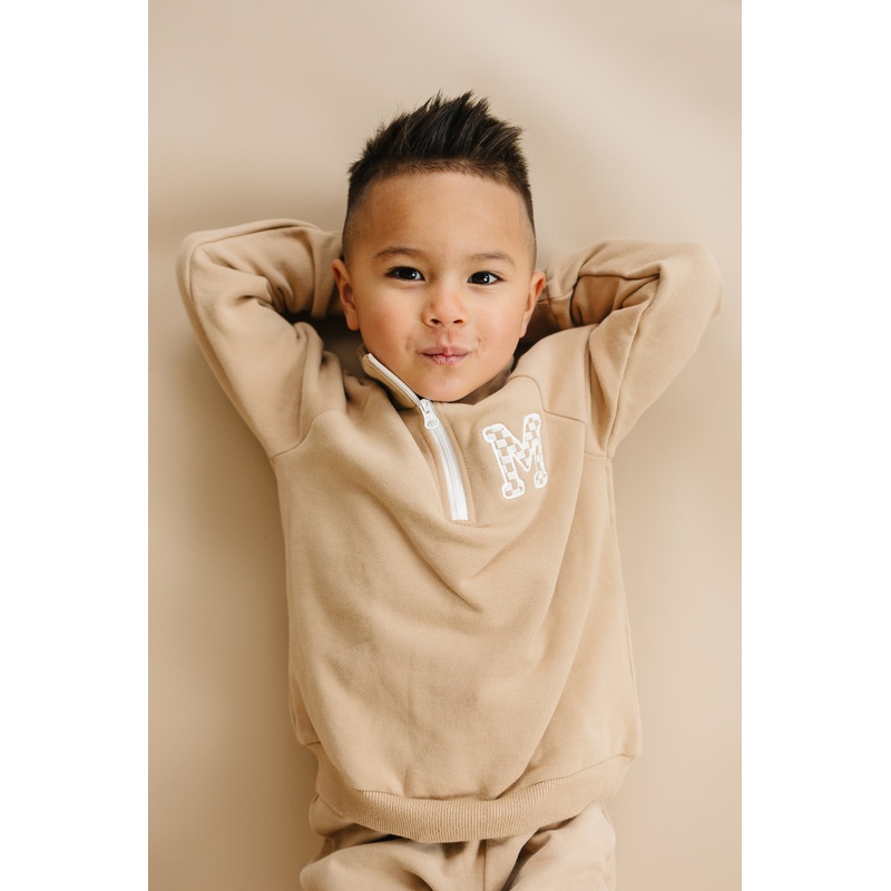 Custom Embroidered Organic Cotton Quarter Zip Set – Tan