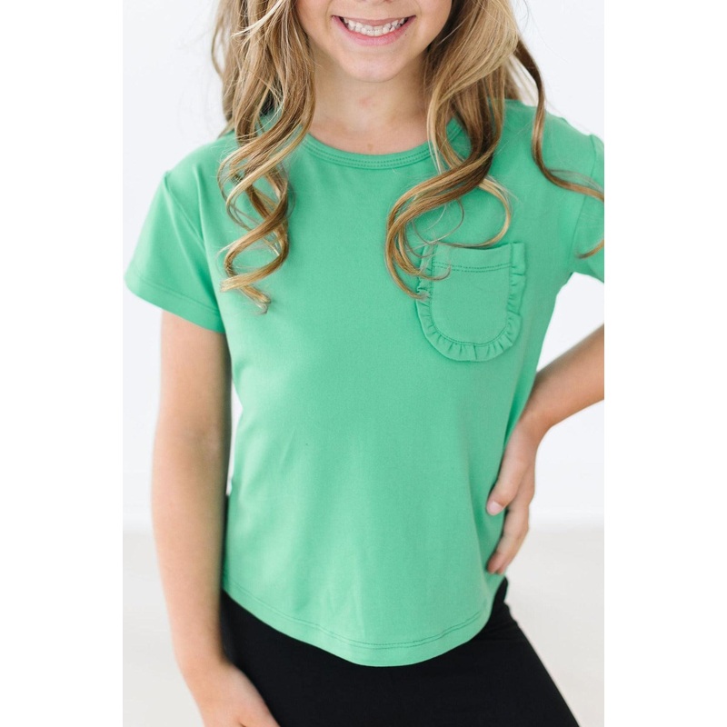 Kelly Green Ruffle Pocket Tee|6-12M|12-24M|2T|3T|4T|5/6|7/8|9/10