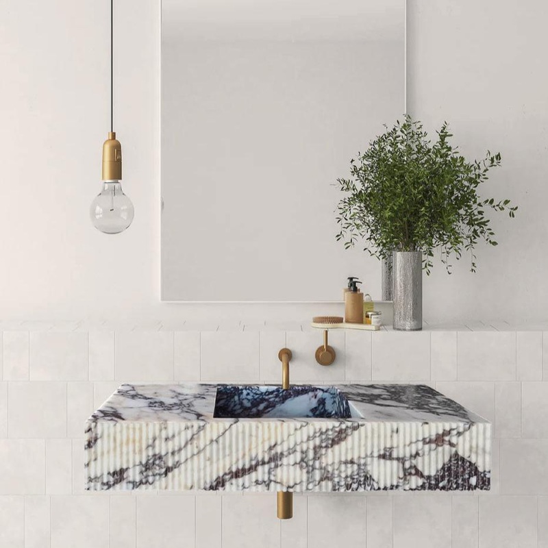 Calacatta Viola Marble Wall-mount Bathroom Vanity Sink Fluted Front (W)20 (L)56