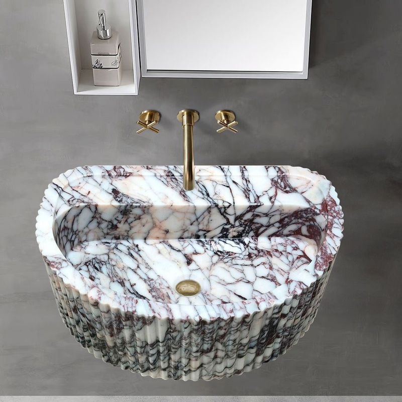 Calacatta Viola Marble Wall-Mount Fluted Half-Round Bathroom Sink (W)16 (L)24 (H)8
