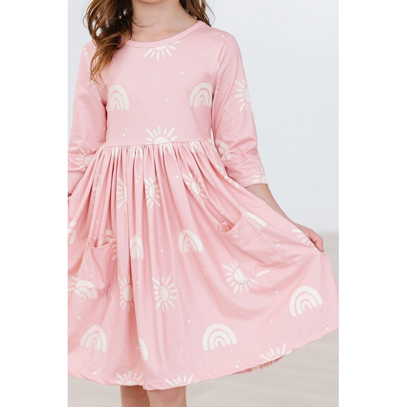 Soft Pink Suns 3/4 Sleeve Pocket Twirl Dress