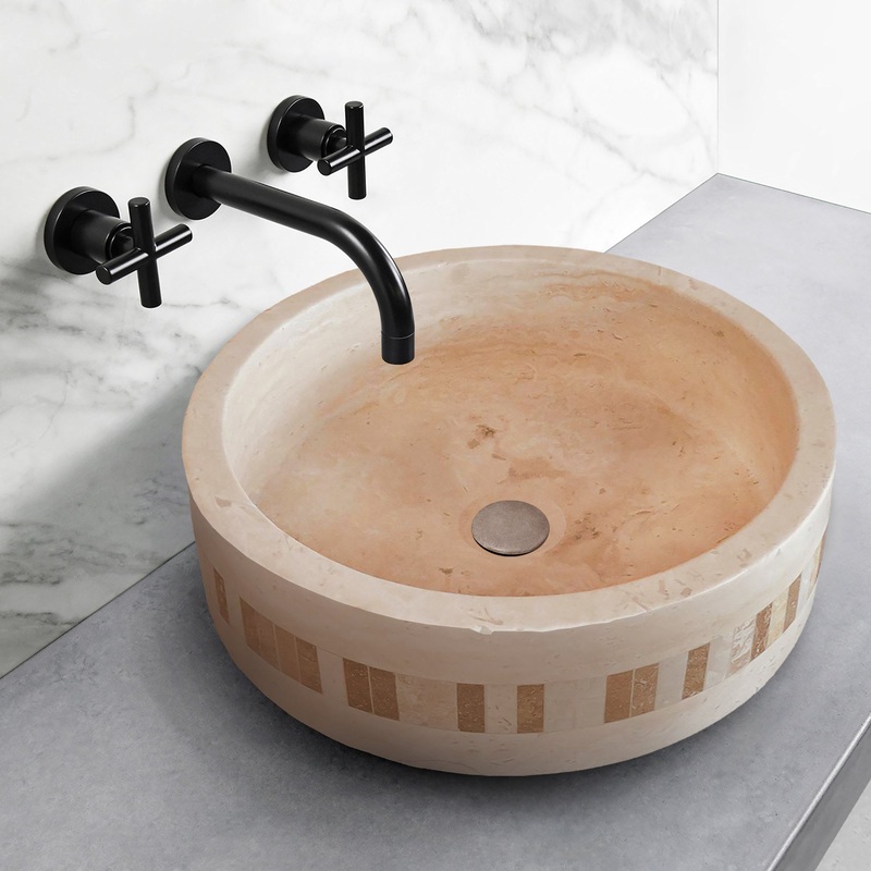 Troia Light Travertine Cylinder Above Vanity Bathroom Sink 2 Embedded Mosaics Border