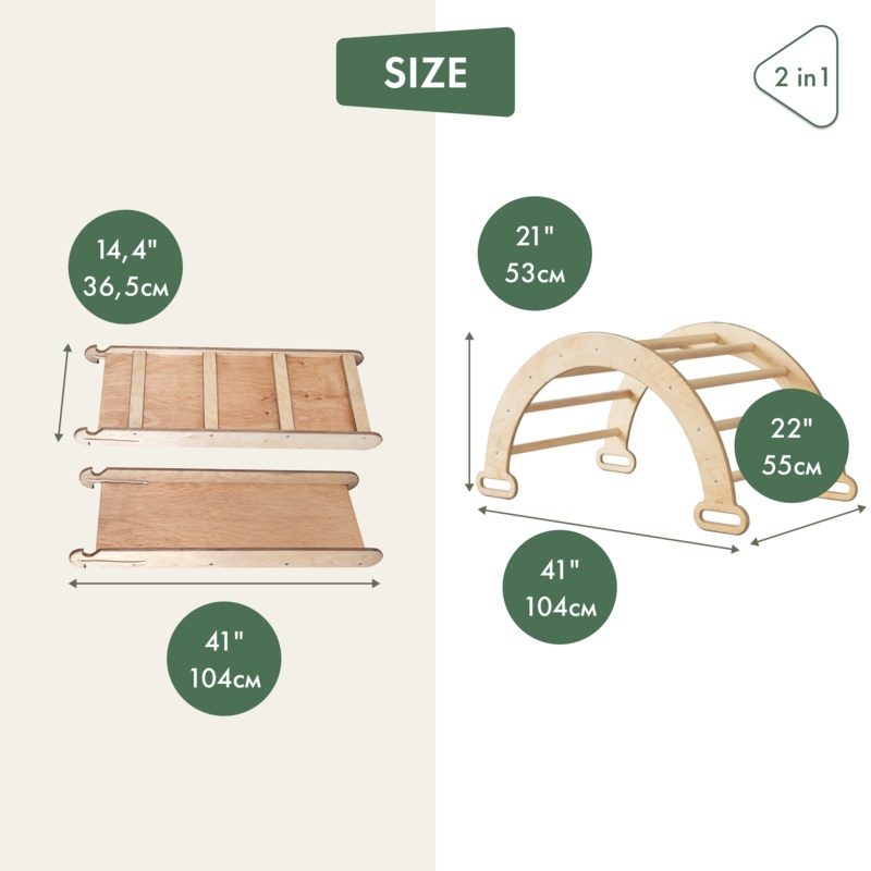 2in1 Montessori Climbing Frame Set: Arch/Rocker Balance + Slide Board/Ramp – Beige