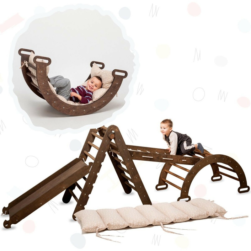 5in1 Montessori Climbing Set: Triangle Ladder + Arch/Rocker + Slide Board/Ramp + Net + Cushion  Chocolate